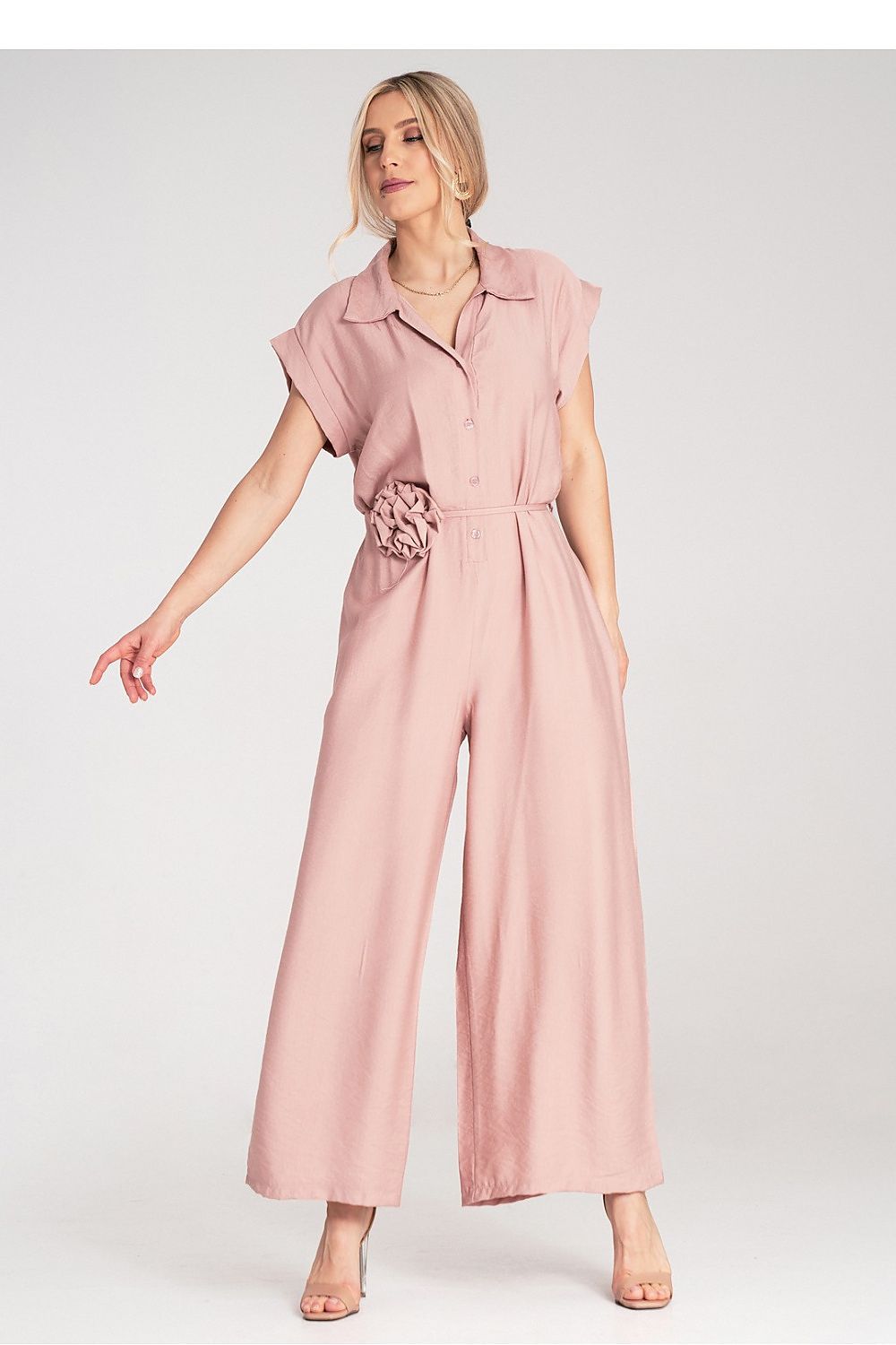 Anibe Lifestyle - Byxdress med krage, korta ärmar och blomknytband i midjan