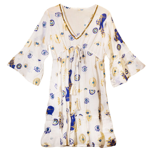 Anibe Lifestyle - Nomad Sari - White, Blue & Gold Evil Eye Design