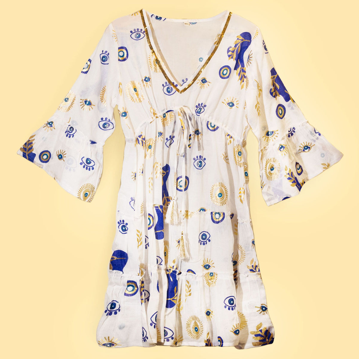 Anibe Lifestyle - Nomad Sari - White, Blue & Gold Evil Eye Design