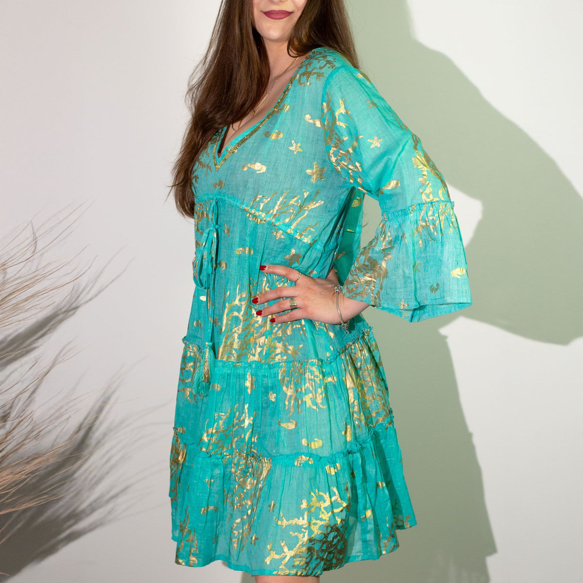 Anibe Lifestyle - Nomad Sari - Turquoise & Gold Coral Design