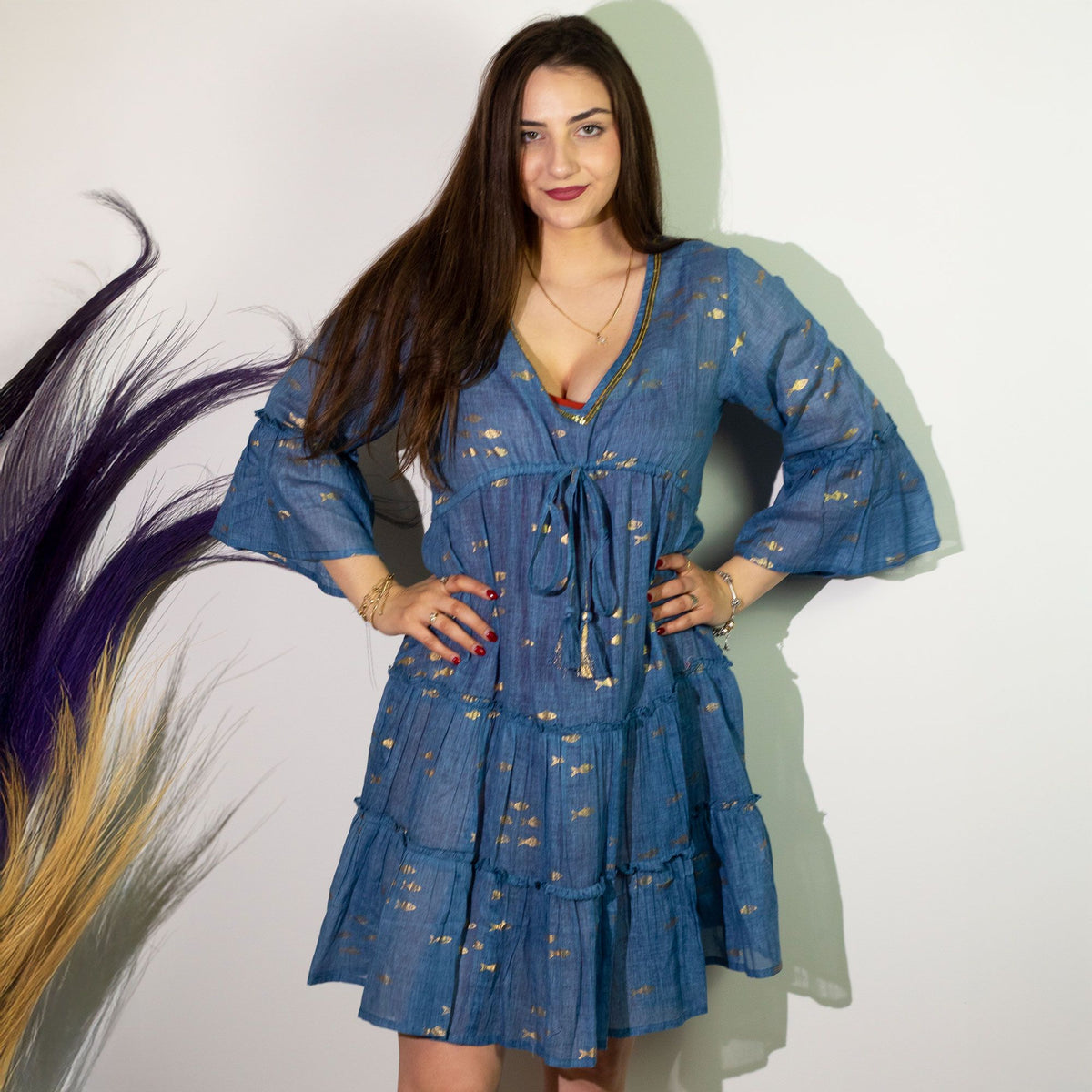 Anibe Lifestyle - Nomad Sari - Sea Blue & Gold Fish Design