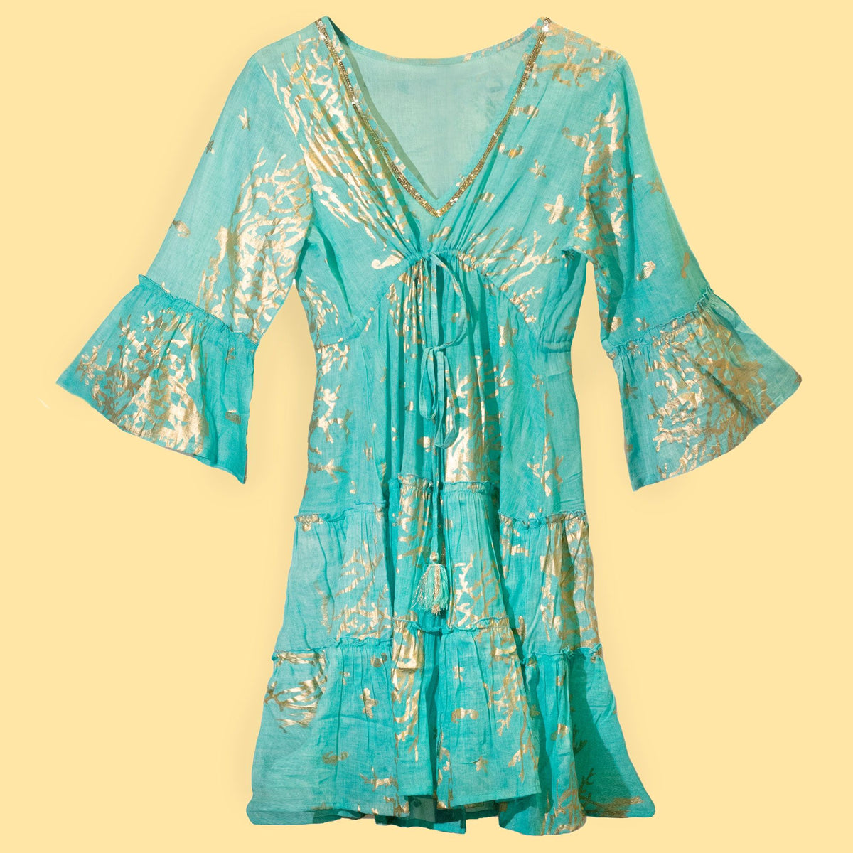 Anibe Lifestyle - Nomad Sari - Turquoise & Gold Coral Design