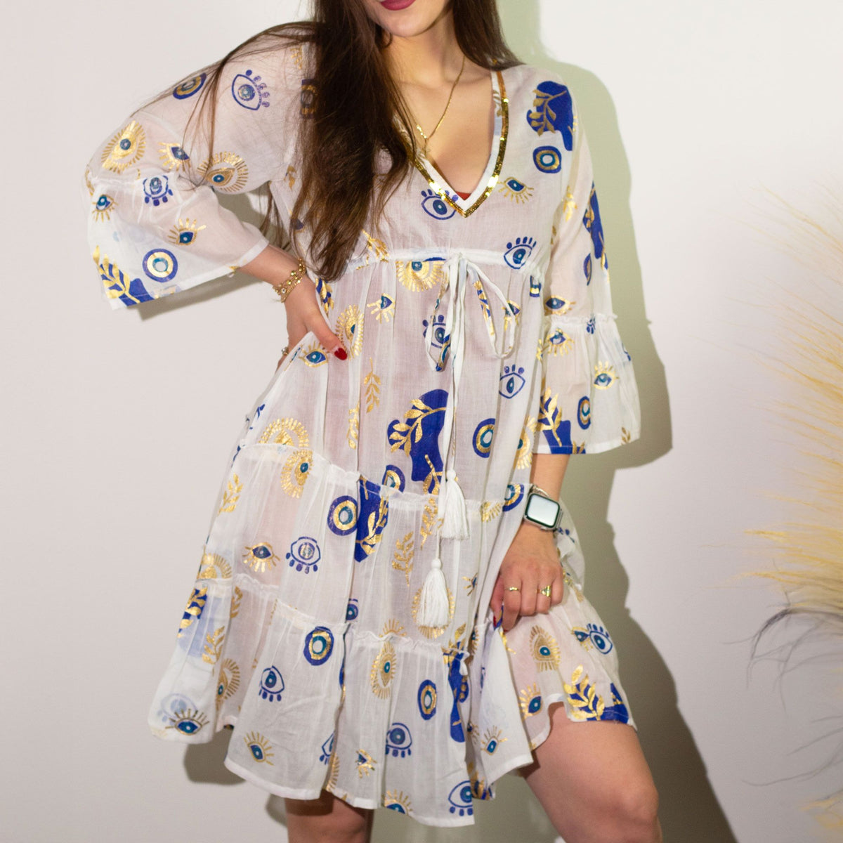 Anibe Lifestyle - Nomad Sari - White, Blue & Gold Evil Eye Design