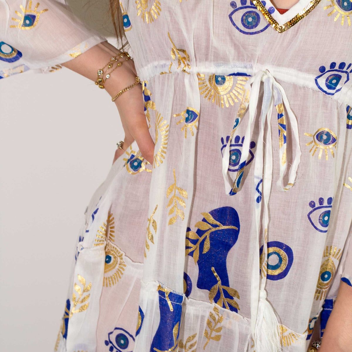 Anibe Lifestyle - Nomad Sari - White, Blue & Gold Evil Eye Design