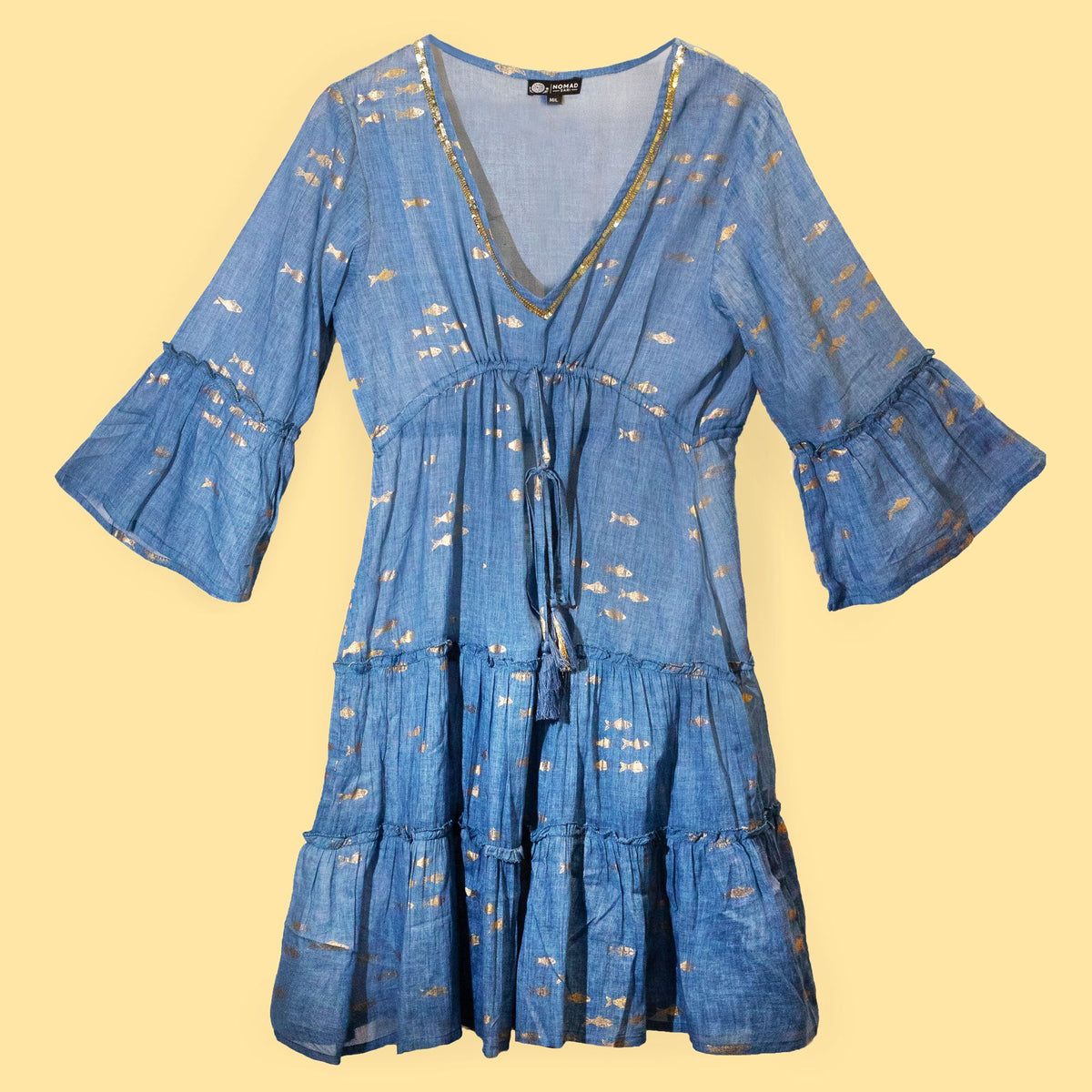 Anibe Lifestyle - Nomad Sari - Sea Blue & Gold Fish Design