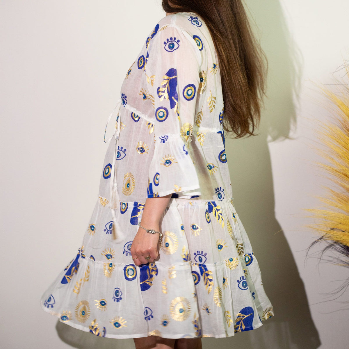 Anibe Lifestyle - Nomad Sari - White, Blue & Gold Evil Eye Design
