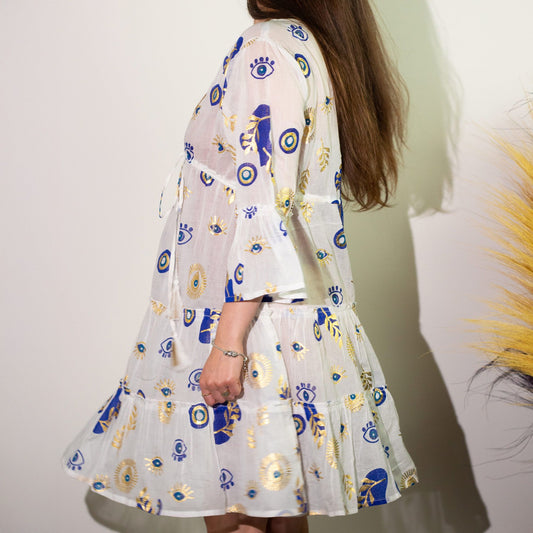 Anibe Lifestyle - Nomad Sari - White, Blue & Gold Evil Eye Design
