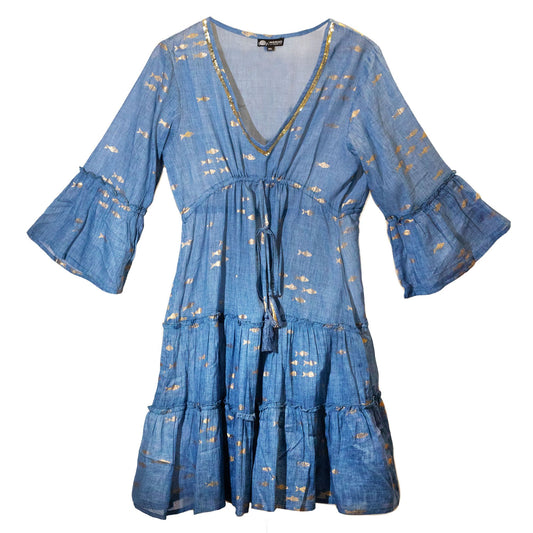 Anibe Lifestyle - Nomad Sari - Sea Blue & Gold Fish Design