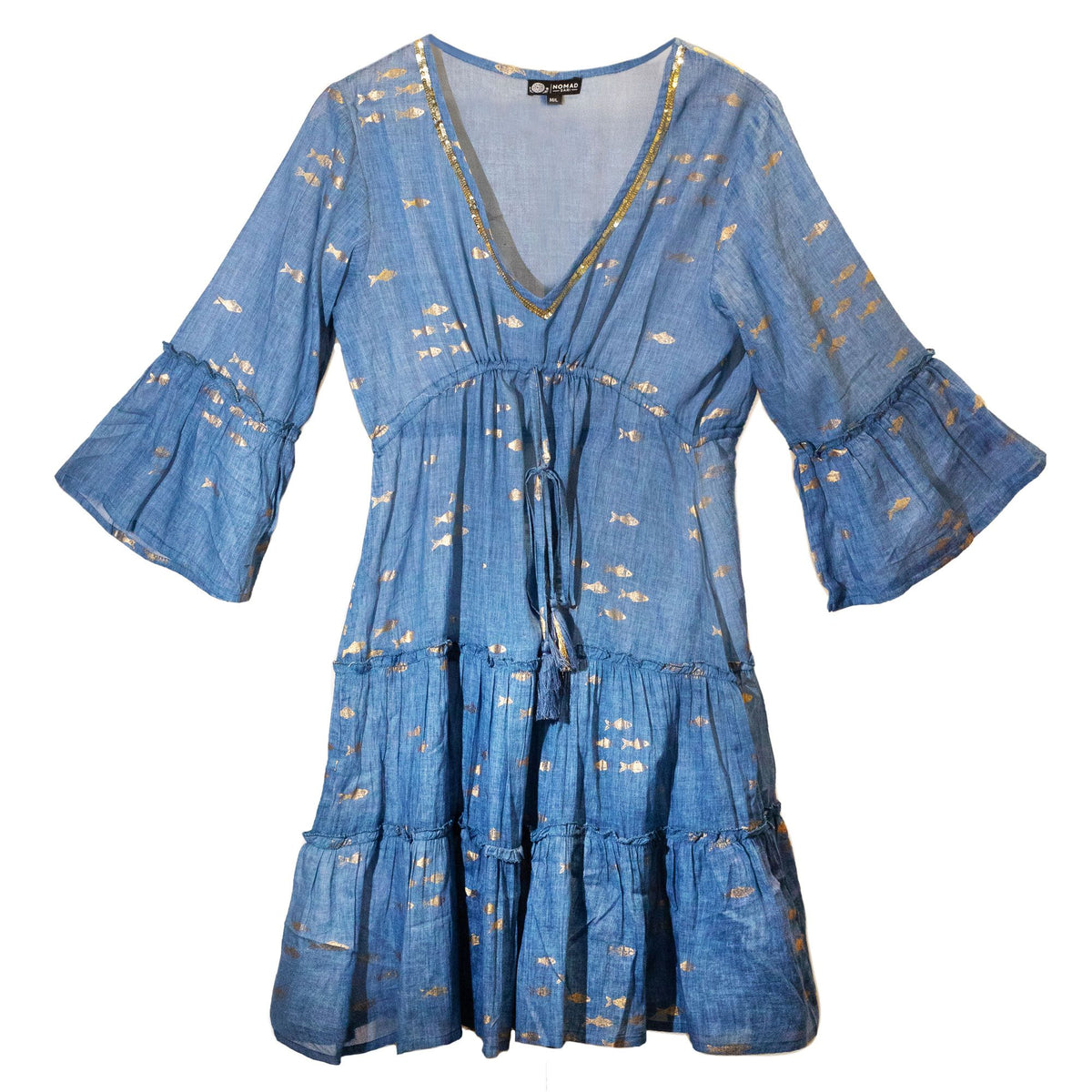 Anibe Lifestyle - Nomad Sari - Sea Blue & Gold Fish Design