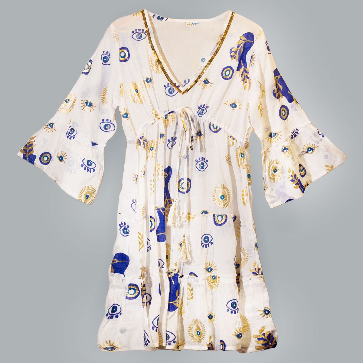 Anibe Lifestyle - Nomad Sari - White, Blue & Gold Evil Eye Design