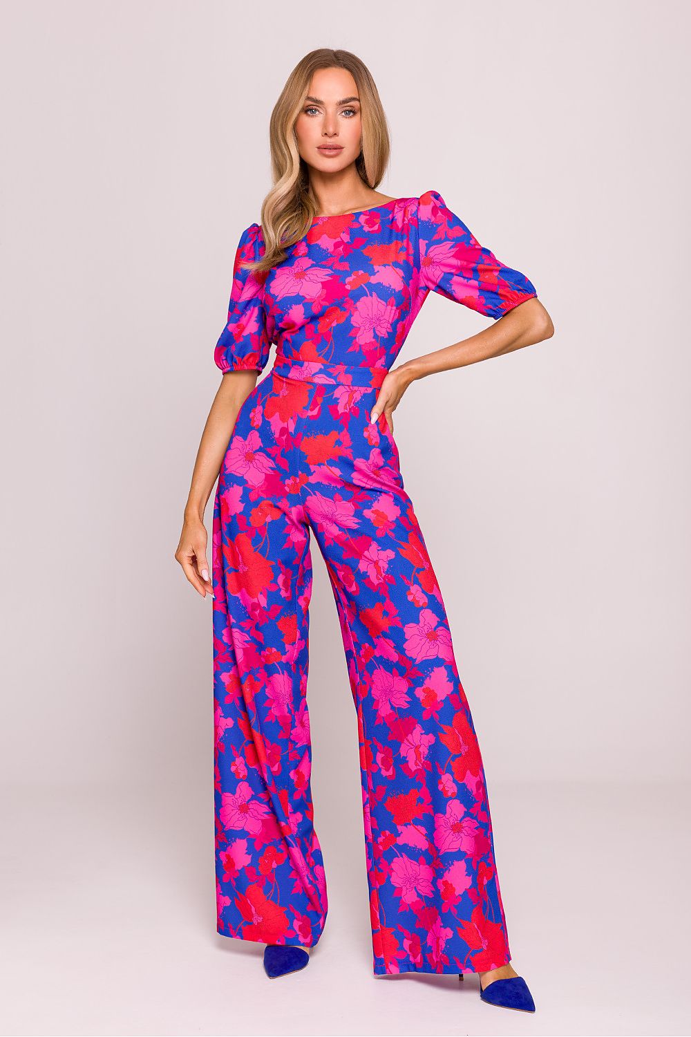 Anibe Lifestyle - Byxdress med blommigt tryck, puffärmar och vida byxor