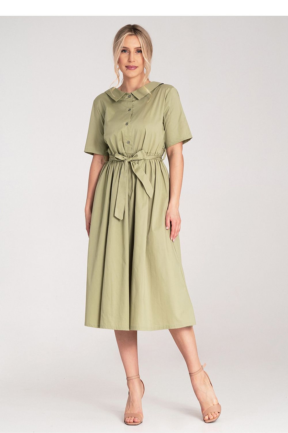 Anibe Lifestyle - Midiklänning i skjorttyg med knäppning och skärp