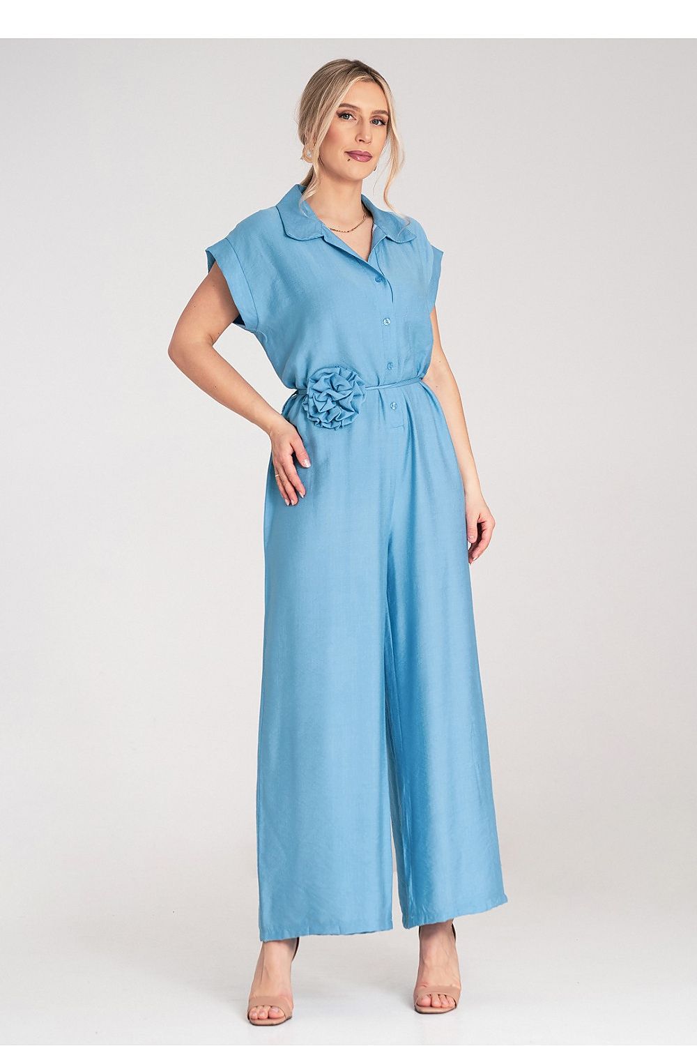 Anibe Lifestyle - Byxdress med krage, korta ärmar och blomknytband i midjan