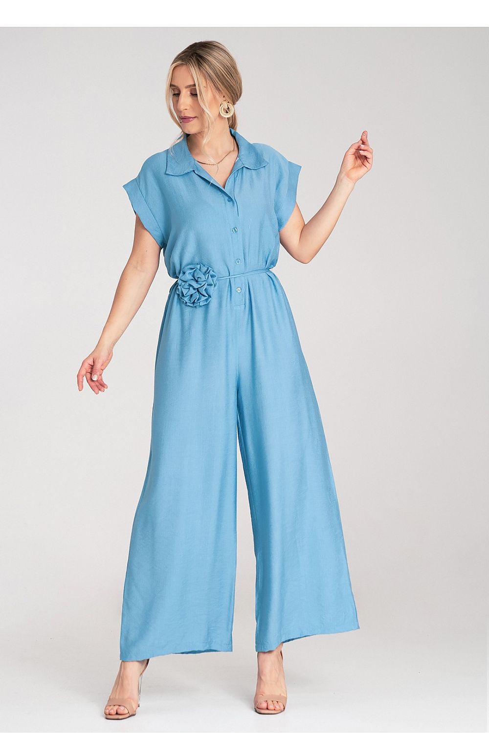 Anibe Lifestyle - Byxdress med krage, korta ärmar och blomknytband i midjan