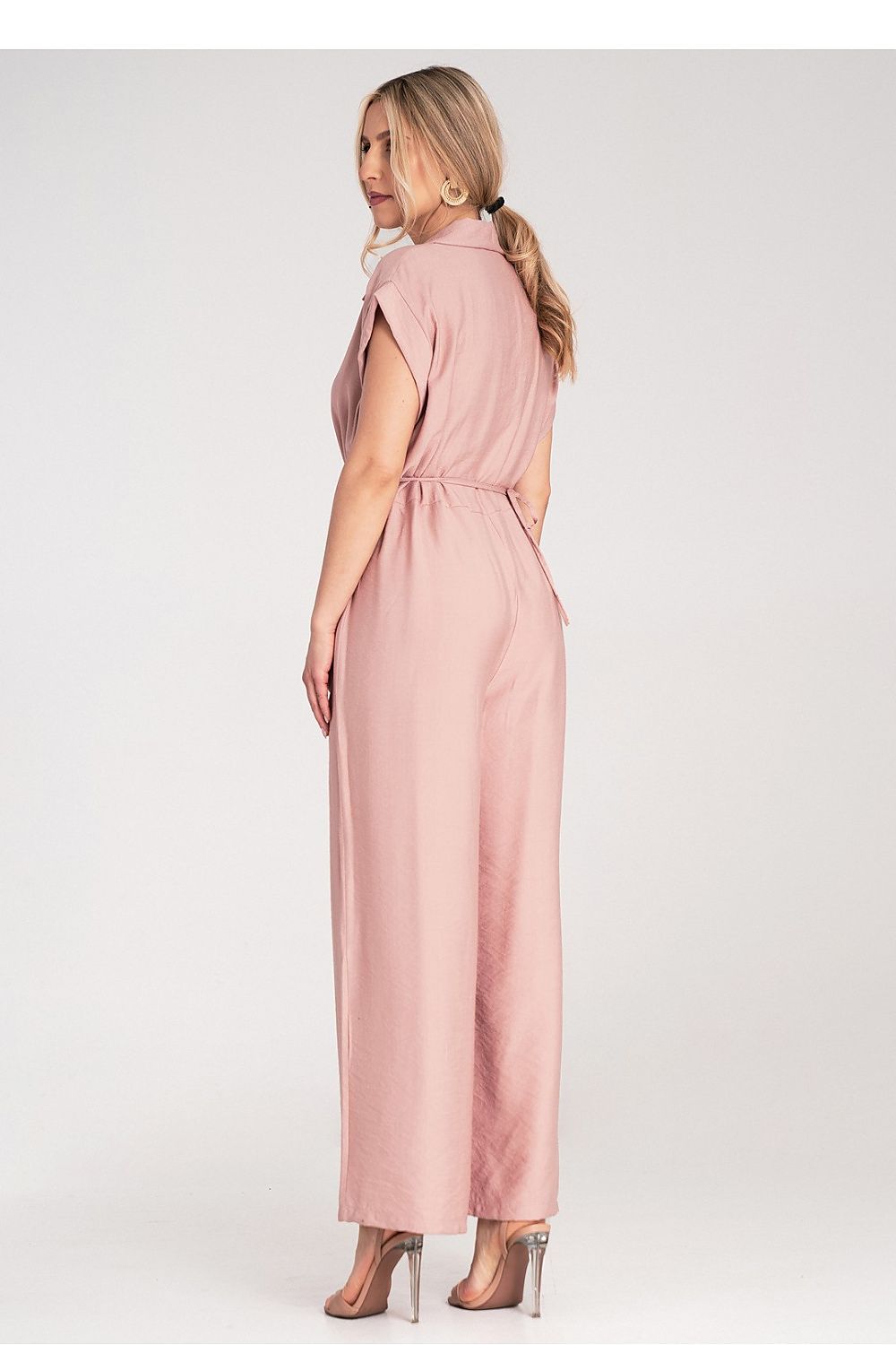 Anibe Lifestyle - Byxdress med krage, korta ärmar och blomknytband i midjan