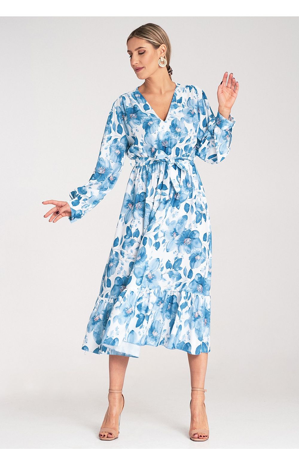 Anibe Lifestyle - Vadlång klänning med blommigt motiv och volang nedtill