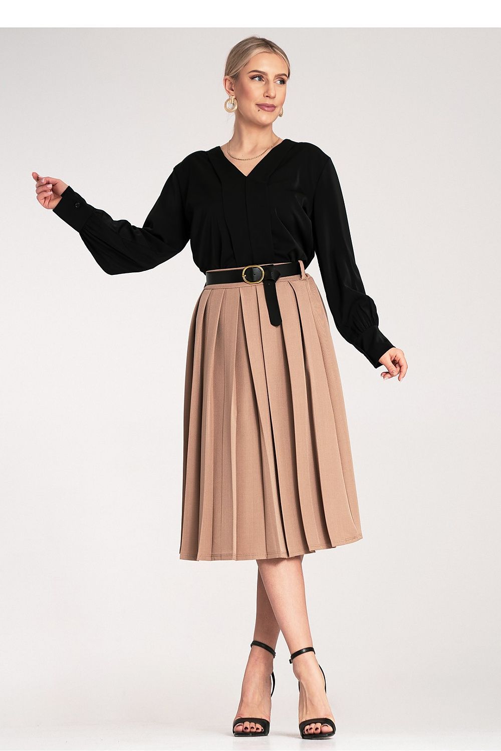 Anibe Lifestyle - Plisserad midikjol med high waist och skärp