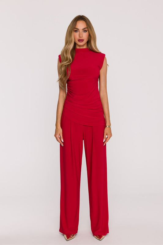 Anibe Lifestyle - Byxset med ärmlös blus med polokrage och vida byxor