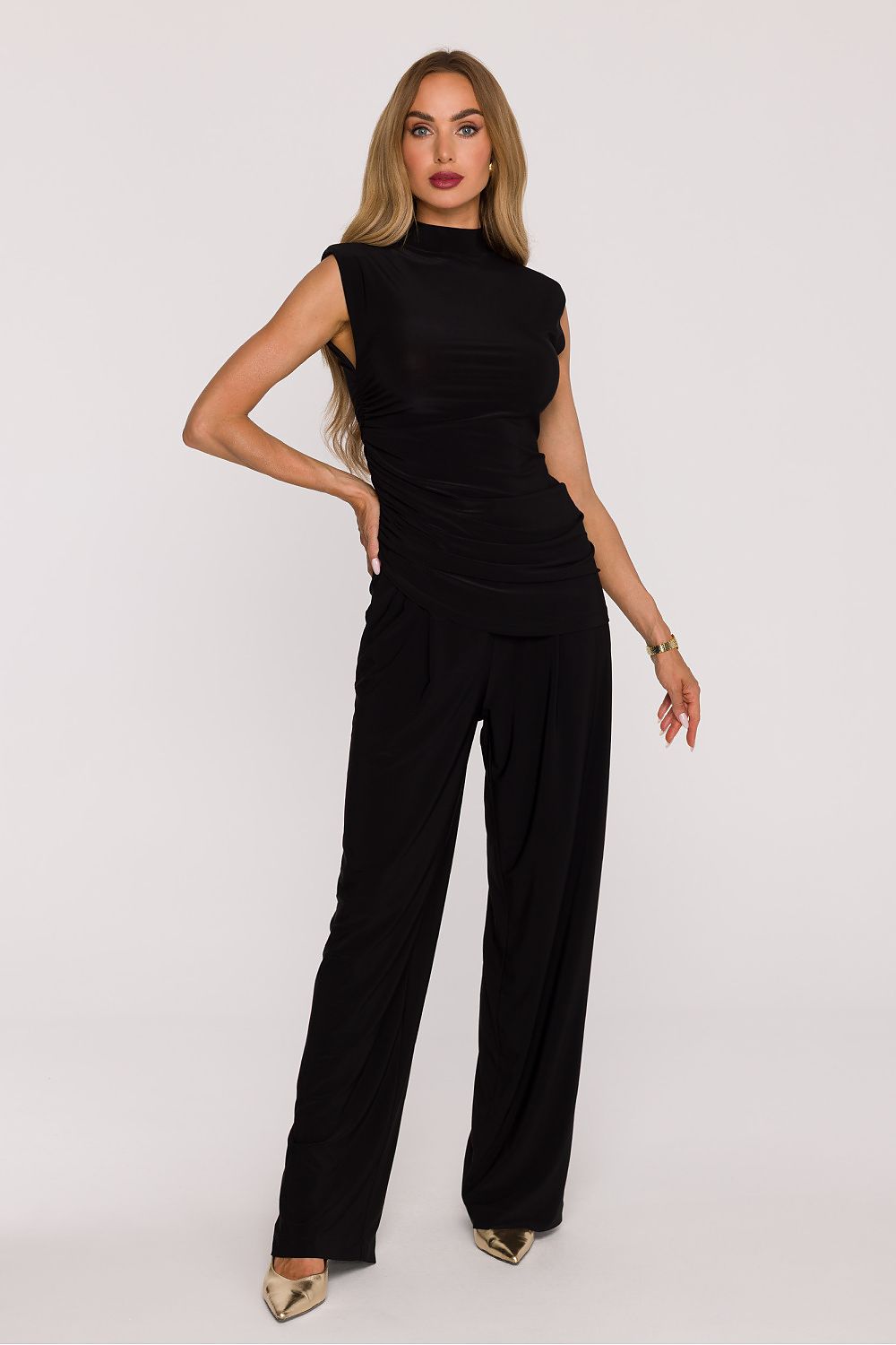 Anibe Lifestyle - Byxset med ärmlös blus med polokrage och vida byxor