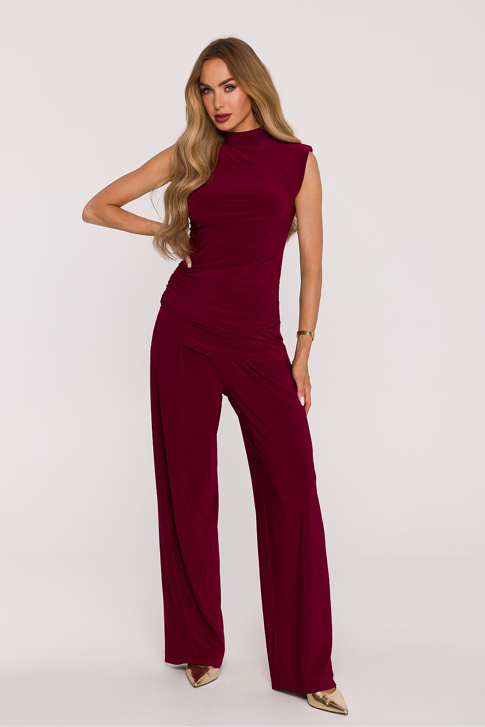 Anibe Lifestyle - Byxset med ärmlös blus med polokrage och vida byxor