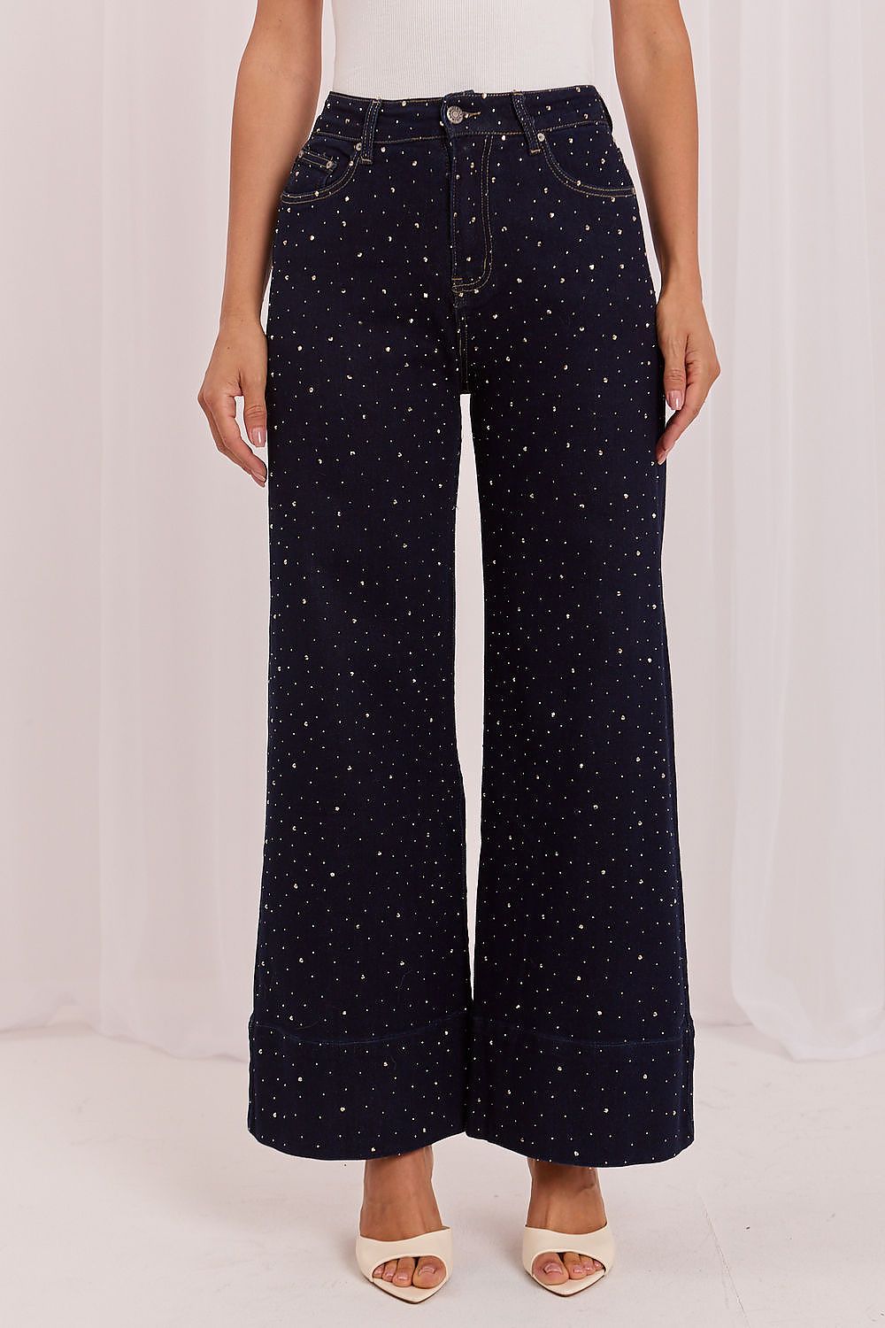 Anibe Lifestyle - Wide-leg jeans med strassapplikation fram