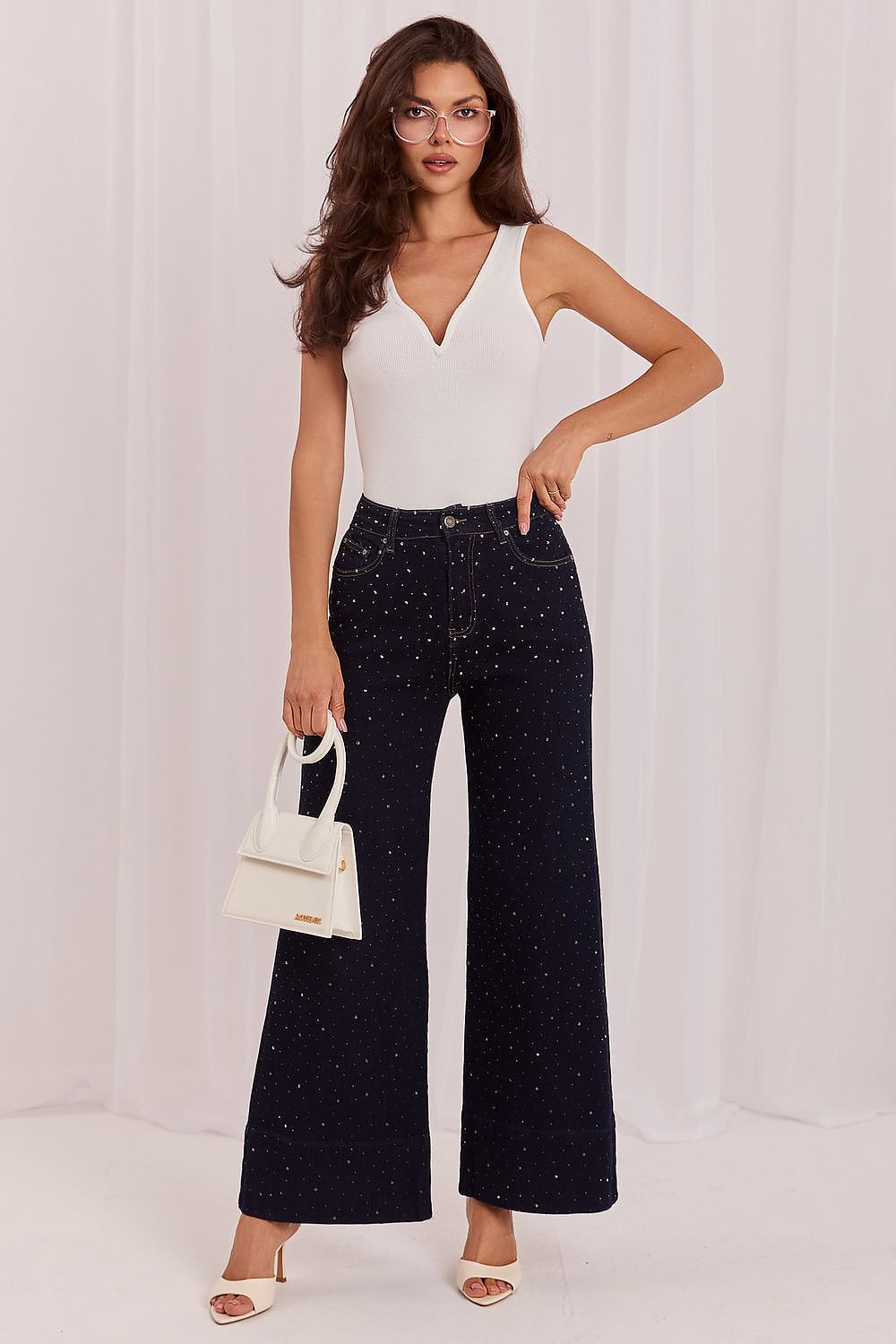 Anibe Lifestyle - Wide-leg jeans med strassapplikation fram